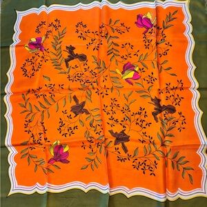 Vibrant Silk Jacqmar Hand-rolled Orange Floral Scarf with Olive Green Border